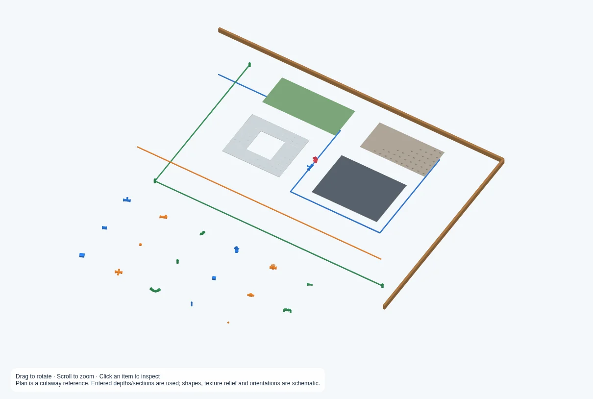 CivilTrace 3D scope view of a test scene with water, storm and sanitary runs, paved areas and fittings shown at an angle.
